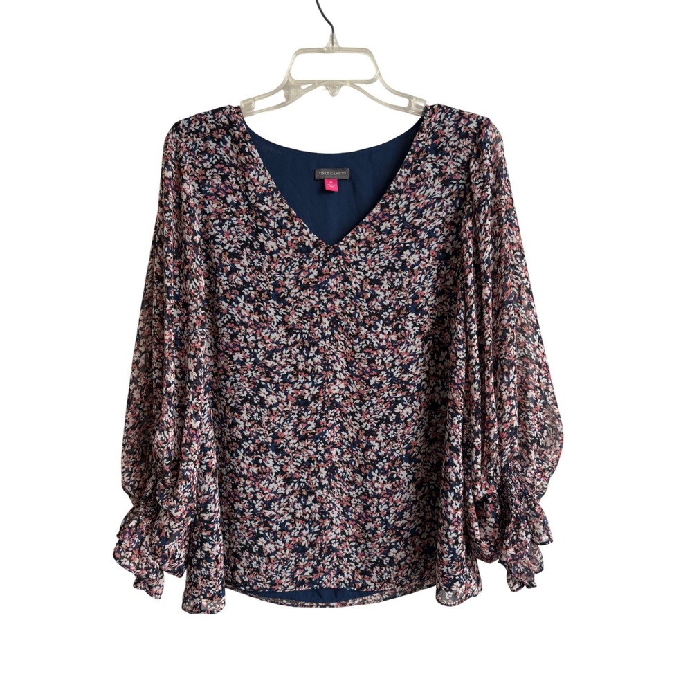 Vince Camuto Navy Coral Floral V-Neck Balloon Sleeve Smocked Cuff Blouse Medium